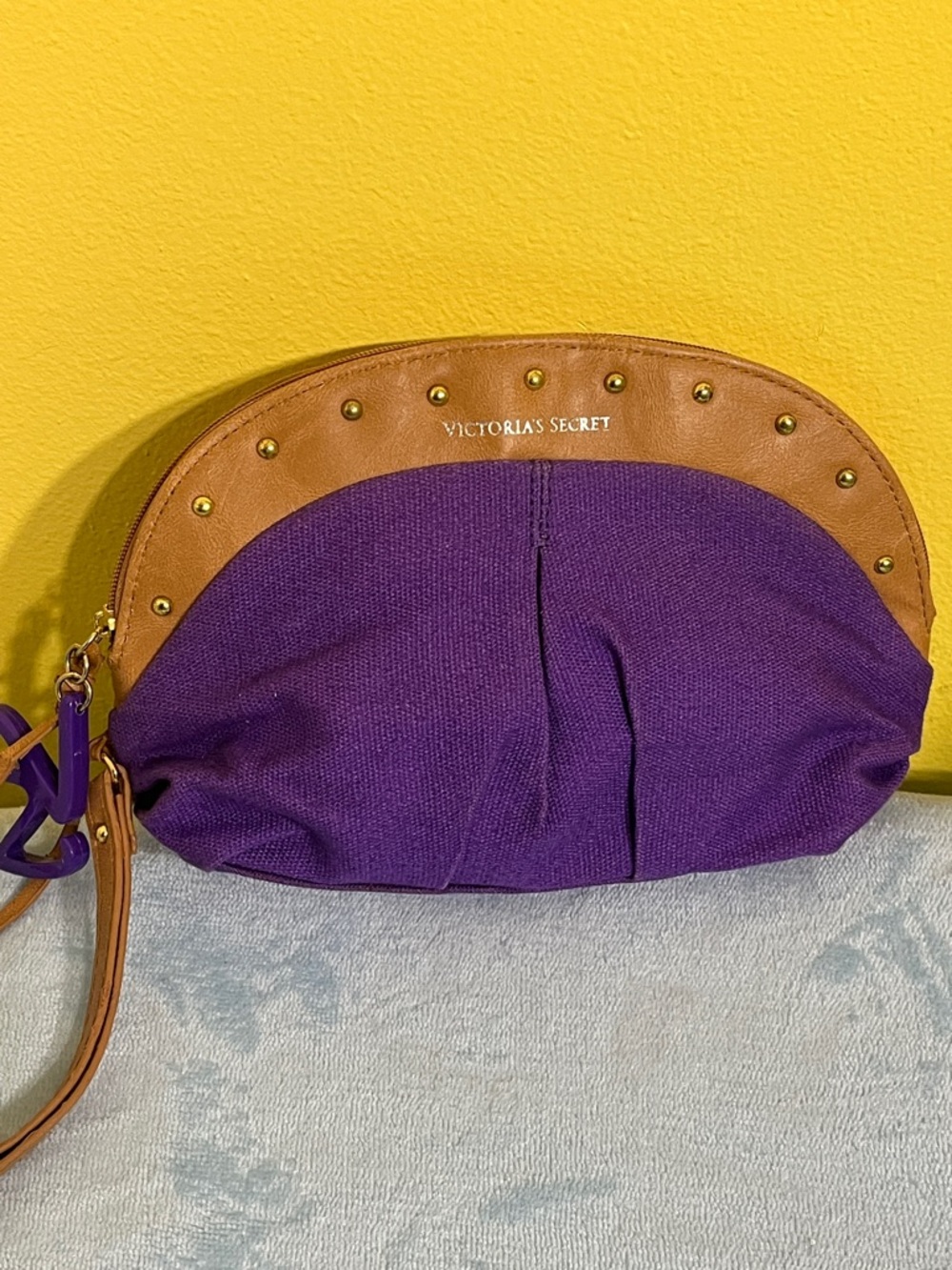 Victoria’s Secret Purple & Tan Wristlet Cosmetic Bag w/ Strap